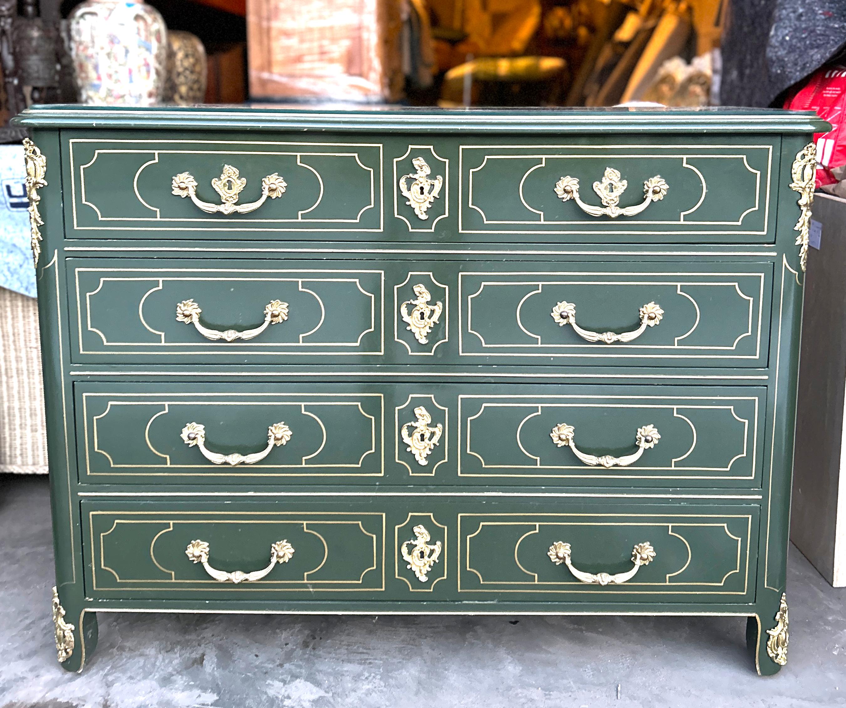 Original Baker Collector's Edition Hand Painted Green and Gold Lacquered Dresser For Sale 5