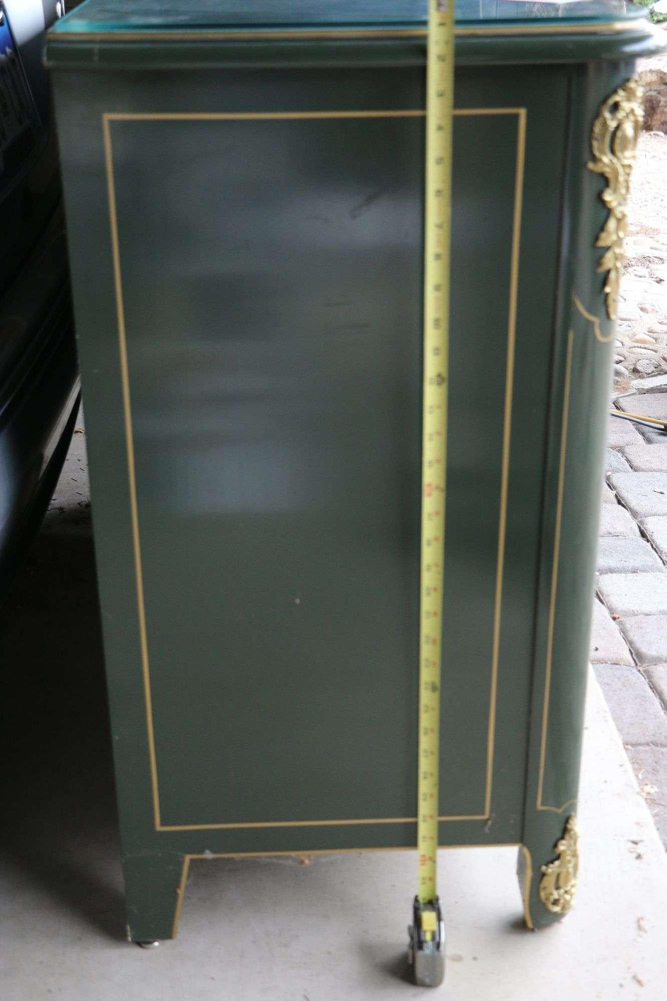 French Provincial Original Baker Collector's Edition Hand Painted Green and Gold Lacquered Dresser For Sale