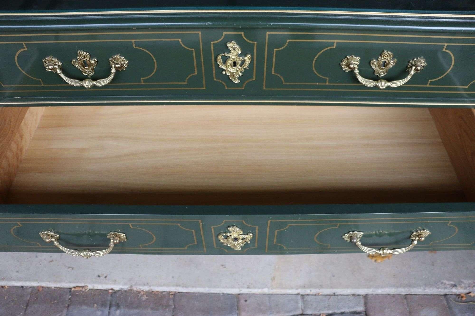 Original Baker Collector's Edition Hand Painted Green and Gold Lacquered Dresser In Good Condition For Sale In Sheridan, CO