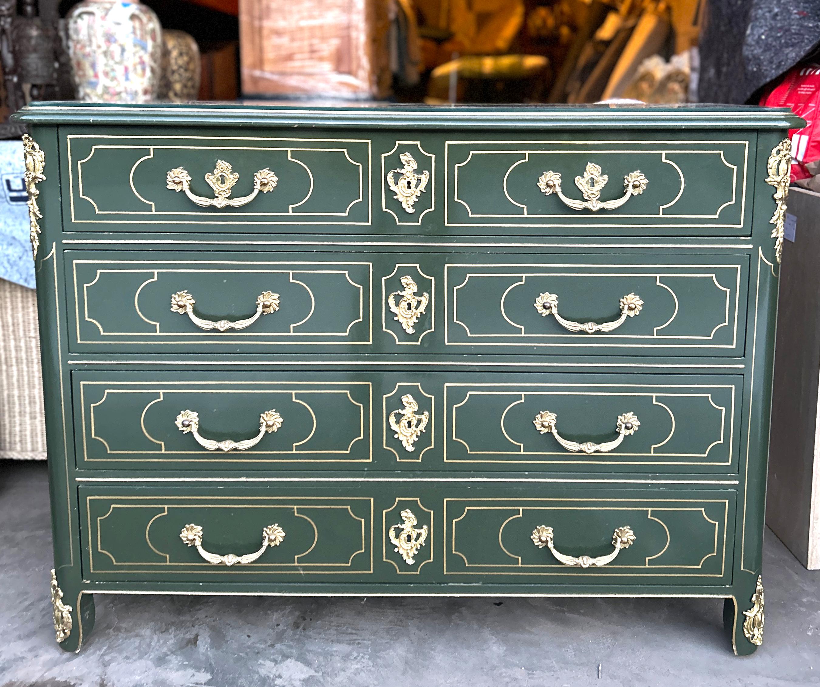 20th Century Original Baker Collector's Edition Hand Painted Green and Gold Lacquered Dresser For Sale