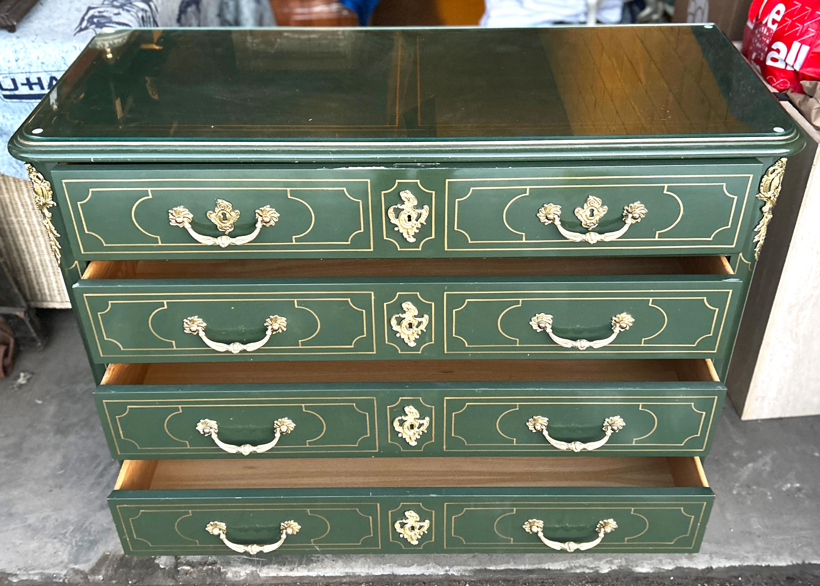 Brass Original Baker Collector's Edition Hand Painted Green and Gold Lacquered Dresser For Sale