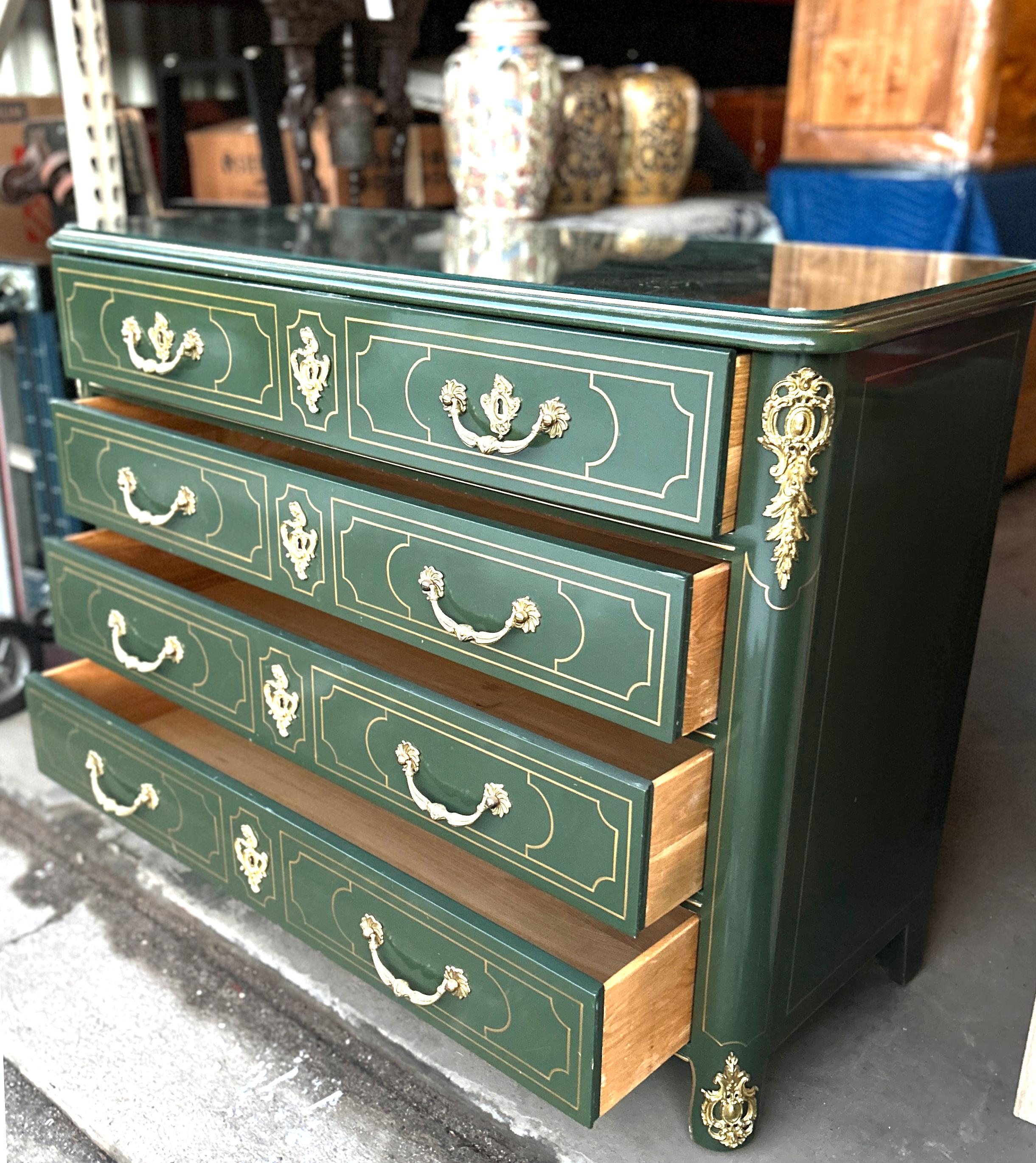 Original Baker Collector's Edition Hand Painted Green and Gold Lacquered Dresser For Sale 1