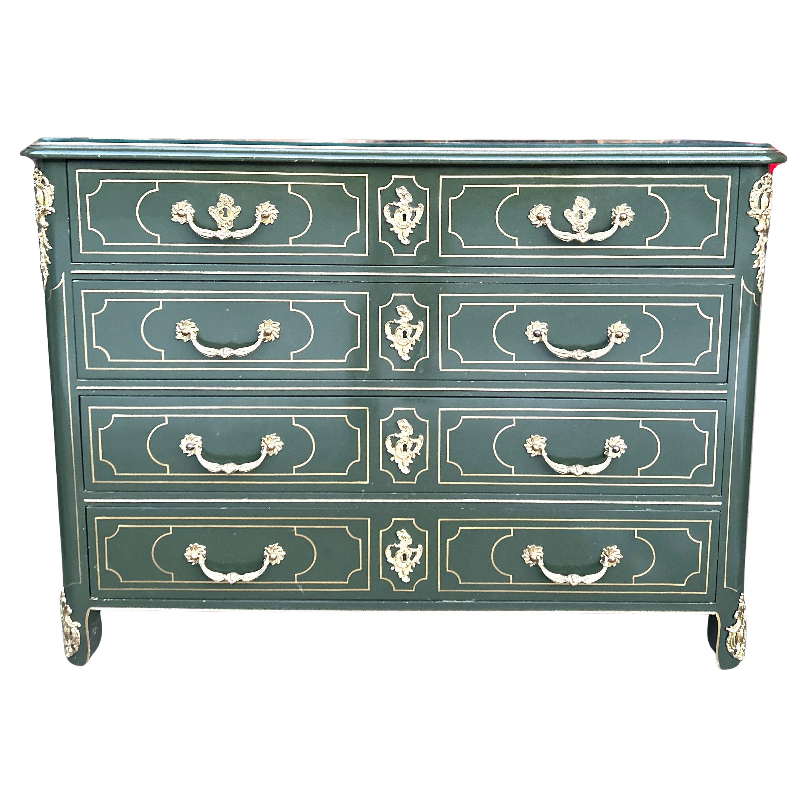 Original Baker Collector's Edition Hand Painted Green and Gold Lacquered Dresser For Sale