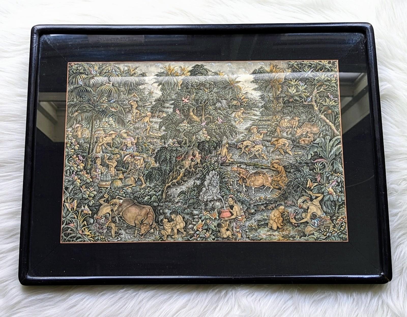 Stunning hand painted original Balinese traditional painting, featuring a scene of harvesting created in great detail. Signed by the artisan on the lower right hand corner. Measures a total of 15.5 inches in height by 20.75 inches in width and 1