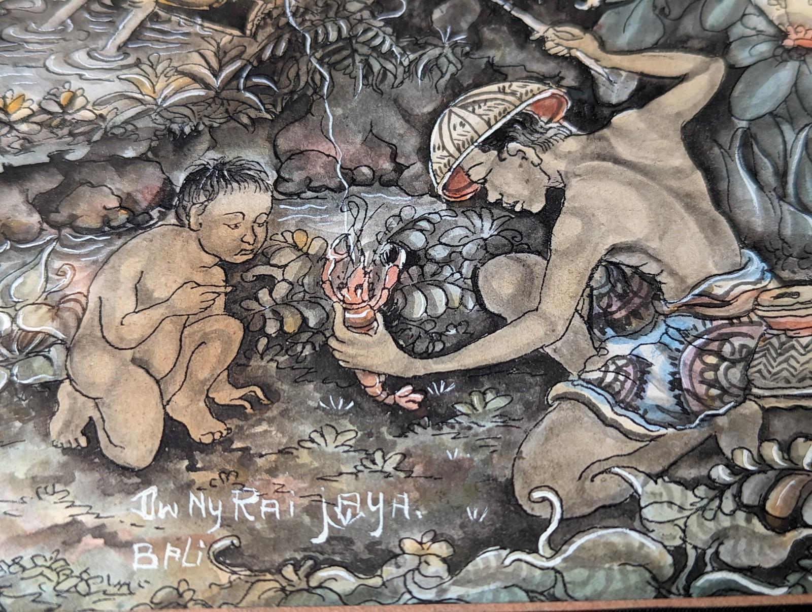 Original Balinesische Traditional School, Gemälde der Ernte, signiert und gerahmt (Glas) im Angebot