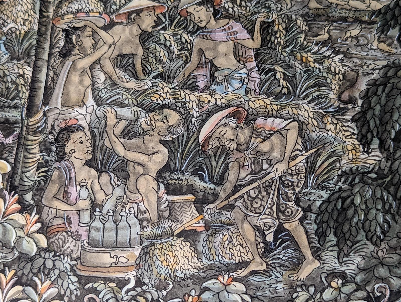 Original Balinesische Traditional School, Gemälde der Ernte, signiert und gerahmt im Angebot 1