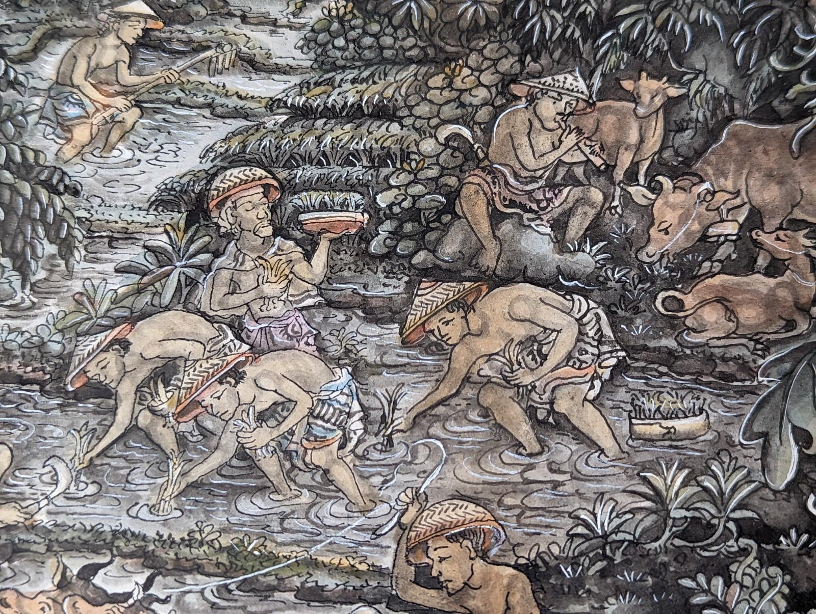 Original Balinesische Traditional School, Gemälde der Ernte, signiert und gerahmt im Angebot 2