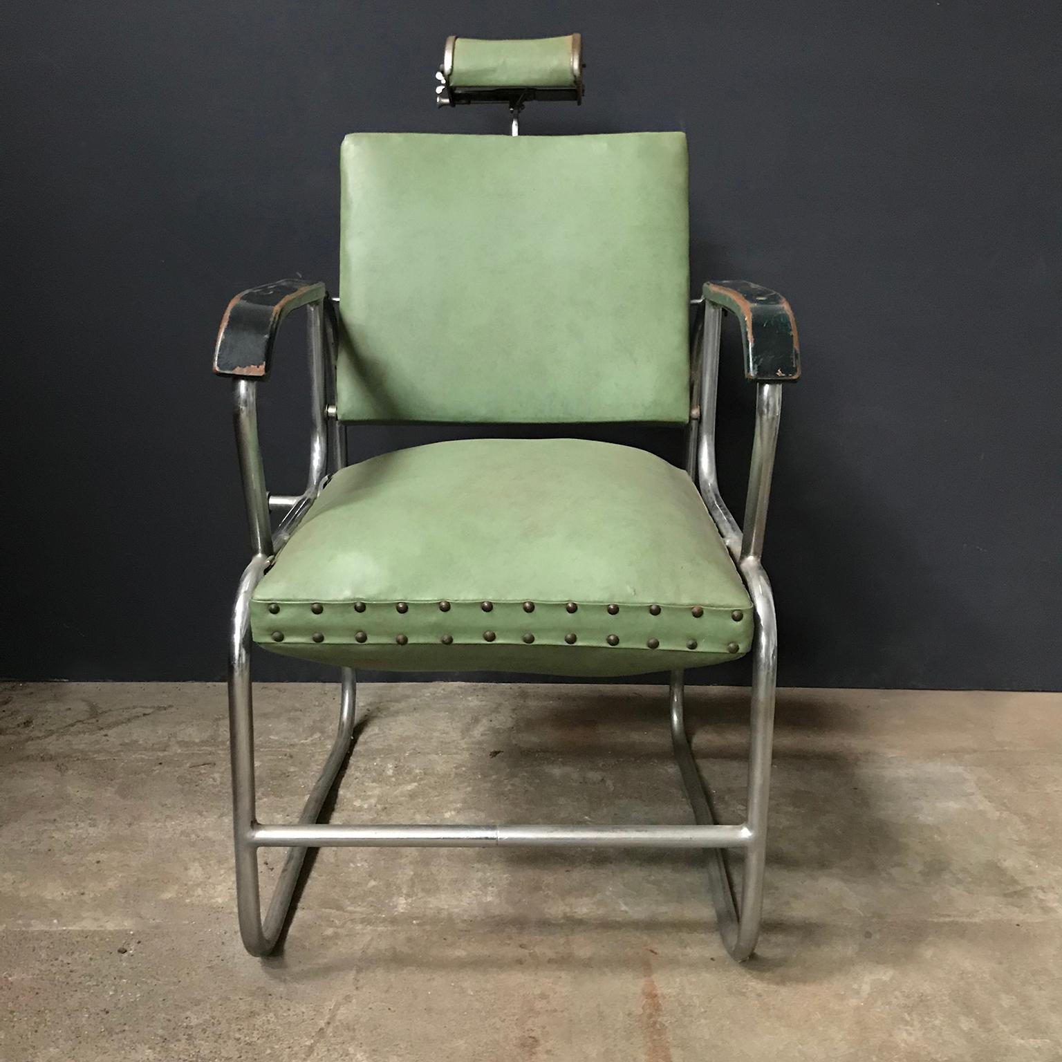 Original Barber Chair with Original Green Upholstery, Rotated Seat, circa 1950 3