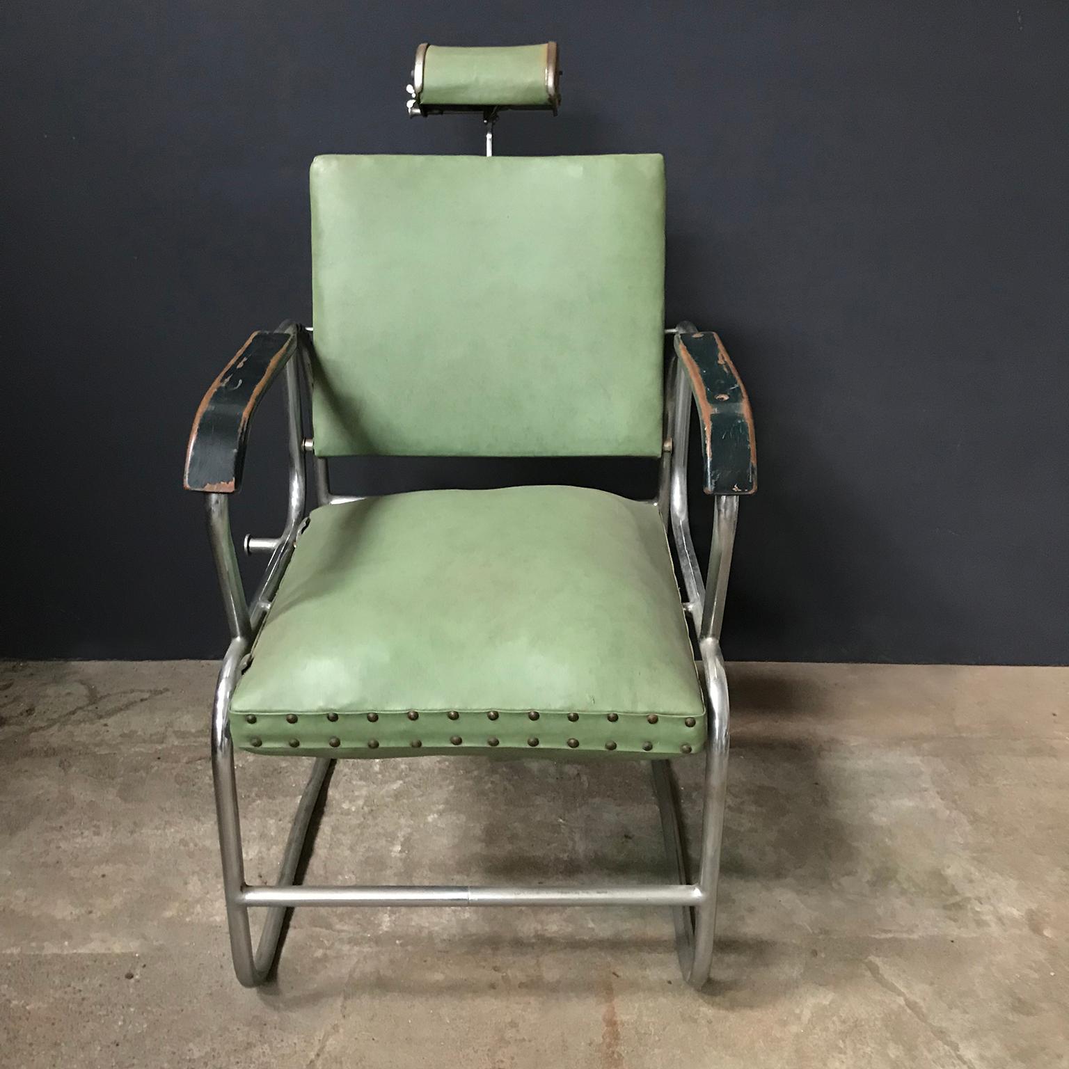 Original Barber Chair with Original Green Upholstery, Rotated Seat, circa 1950 4