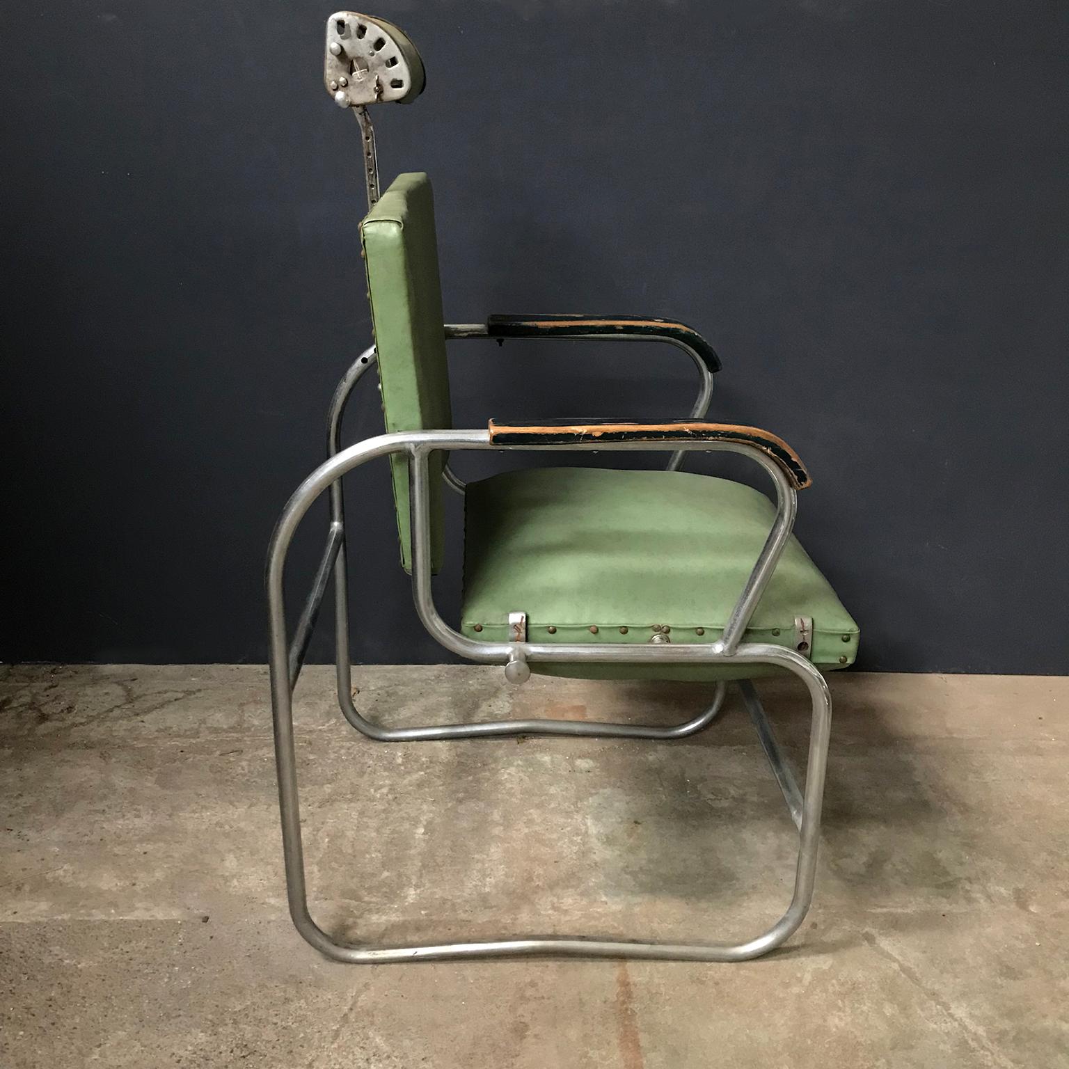 French Original Barber Chair with Original Green Upholstery, Rotated Seat, circa 1950
