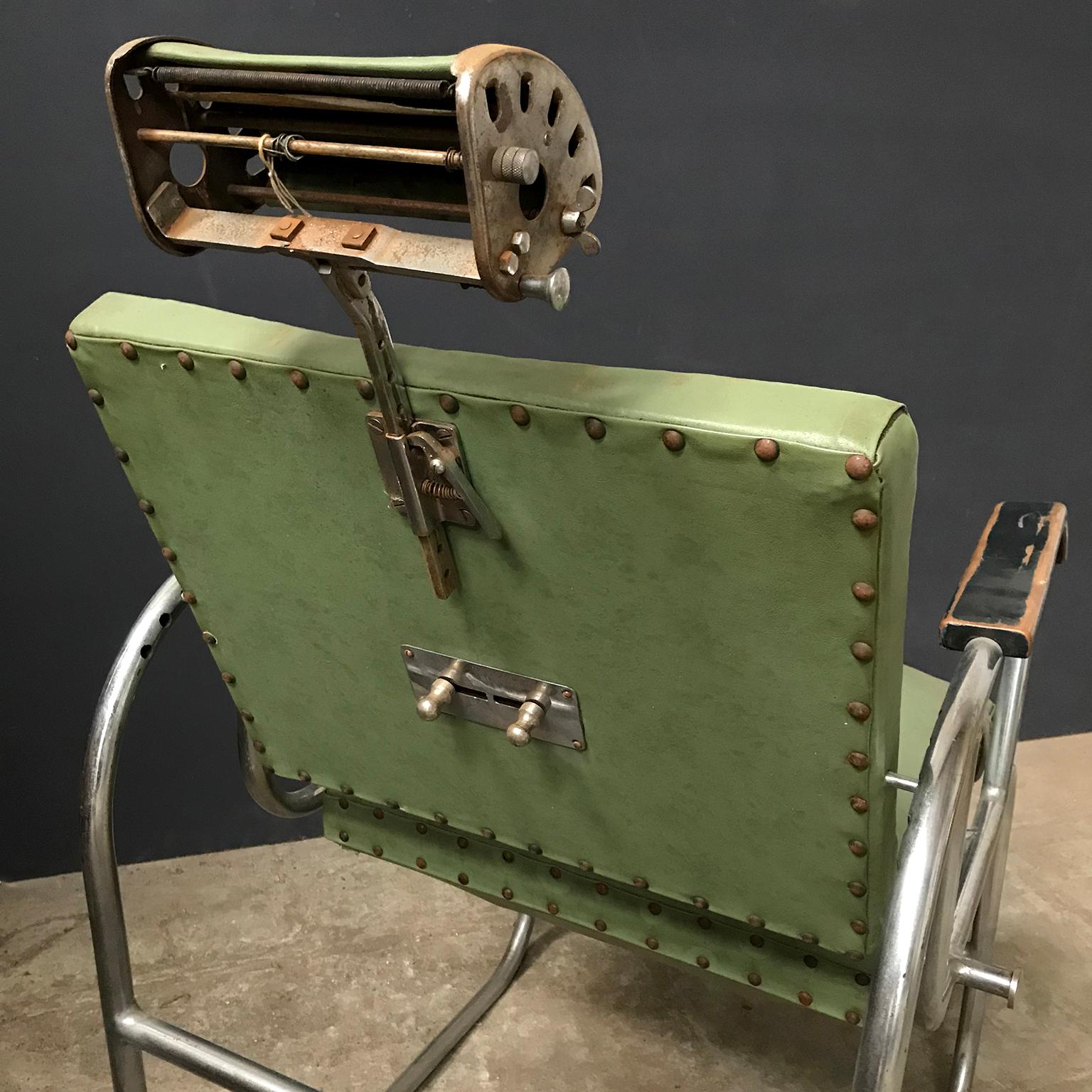 Metal Original Barber Chair with Original Green Upholstery, Rotated Seat, circa 1950