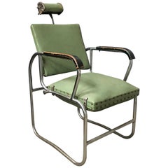 Original Barber Chair with Original Green Upholstery, Rotated Seat, circa 1950