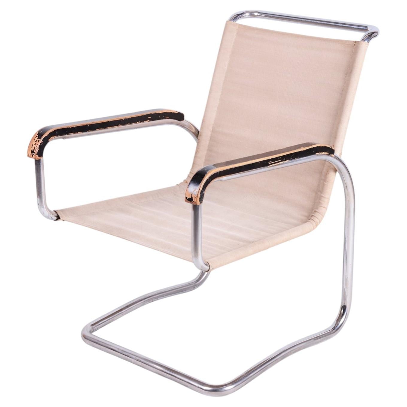 Original Bauhaus Armchair, by J. Halabala, UP Zavody, Chrome, Iron, Czech, 1920s