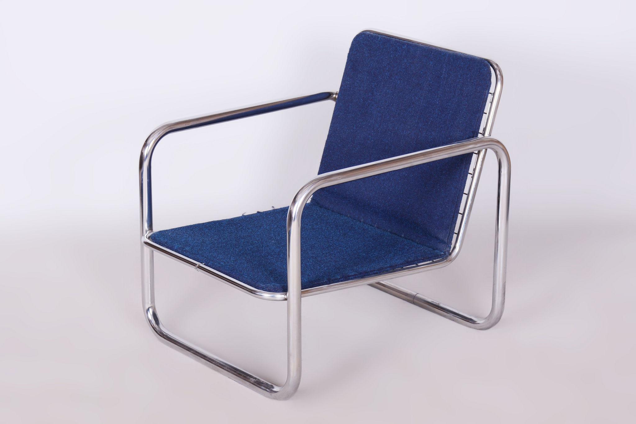 Original Bauhaus Armchair, Chrome-Plated Steel, Cleaned Upholstery, Czech, 1950s For Sale 7