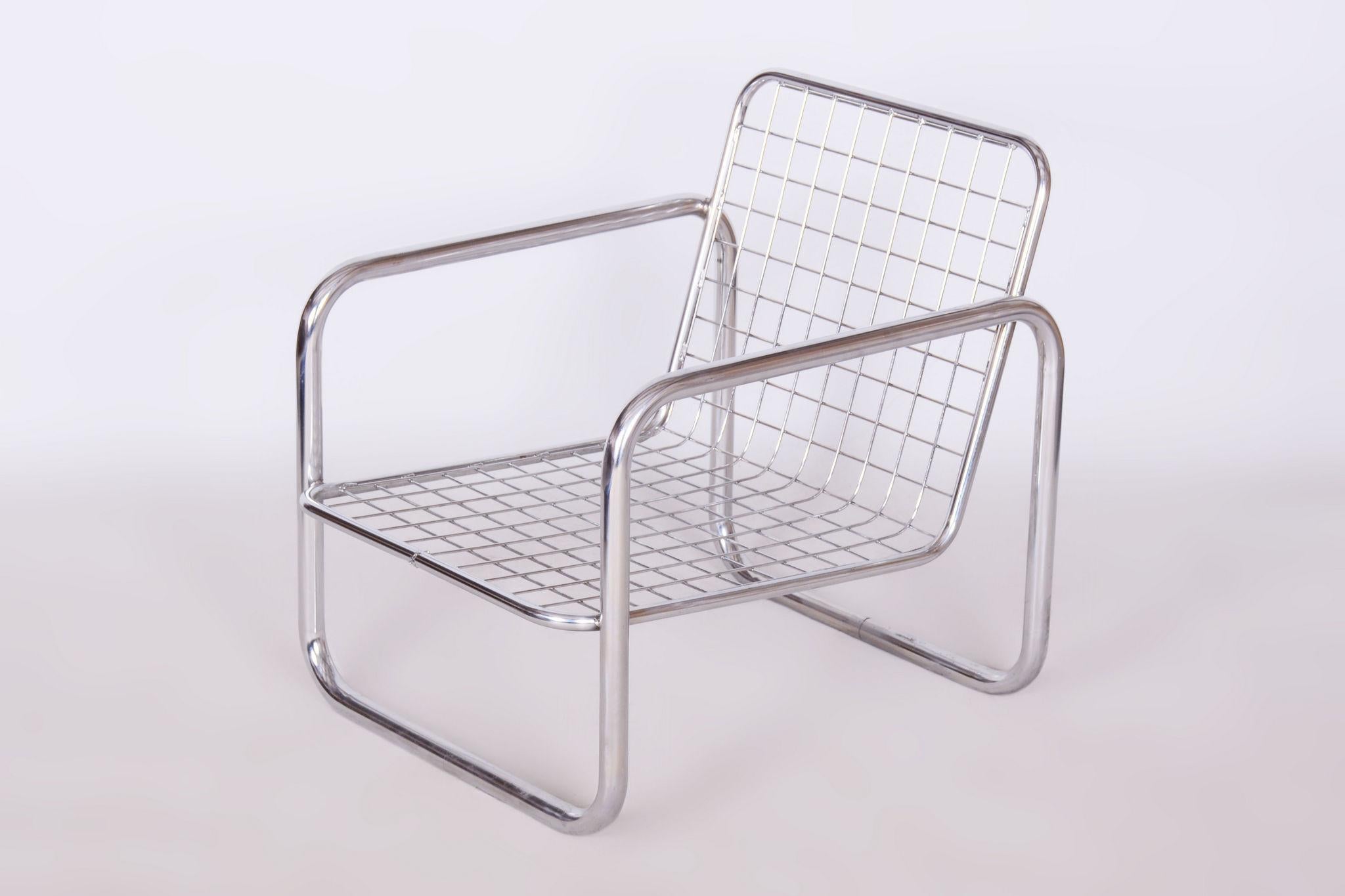 Original Bauhaus Armchair, Chrome-Plated Steel, Cleaned Upholstery, Czech, 1950s For Sale 8
