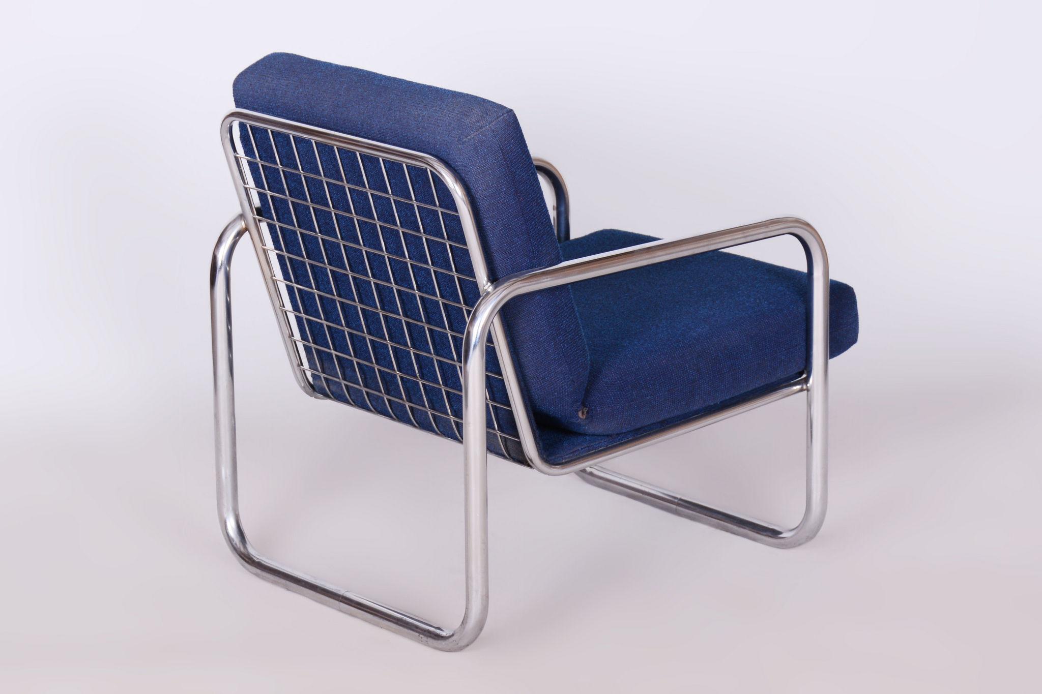 Original Bauhaus Armchair, Chrome-Plated Steel, Cleaned Upholstery, Czech, 1950s For Sale 4