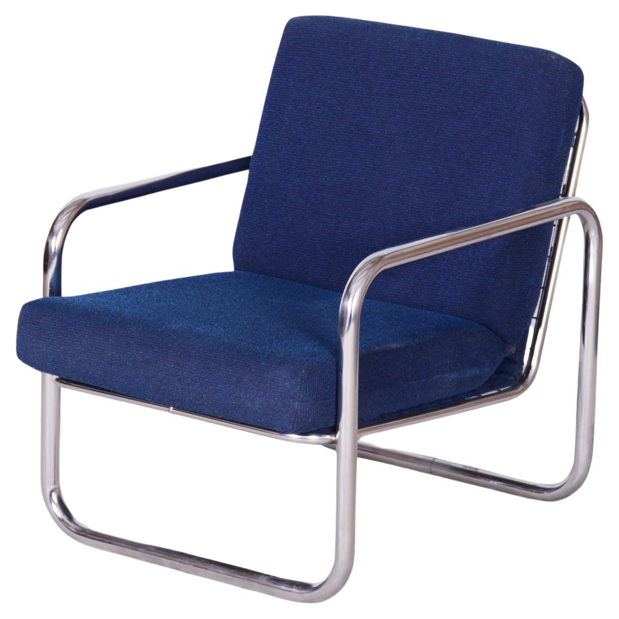 Original Bauhaus Armchair, Chrome-Plated Steel, Cleaned Upholstery, Czech, 1950s For Sale