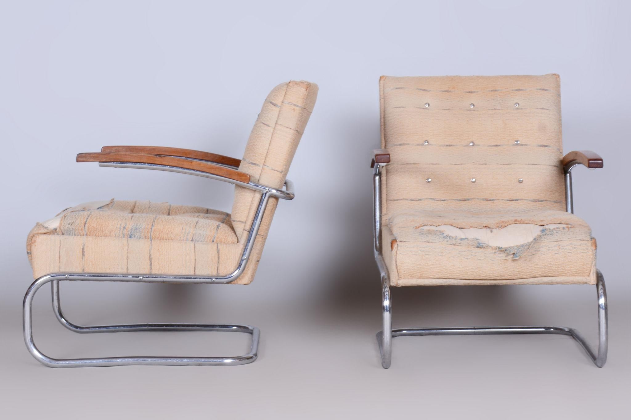 Originales Bauhaus-Sessel- und Hockerpaar, Chrom, Buche, Tschechien, 1920er Jahre im Angebot 4