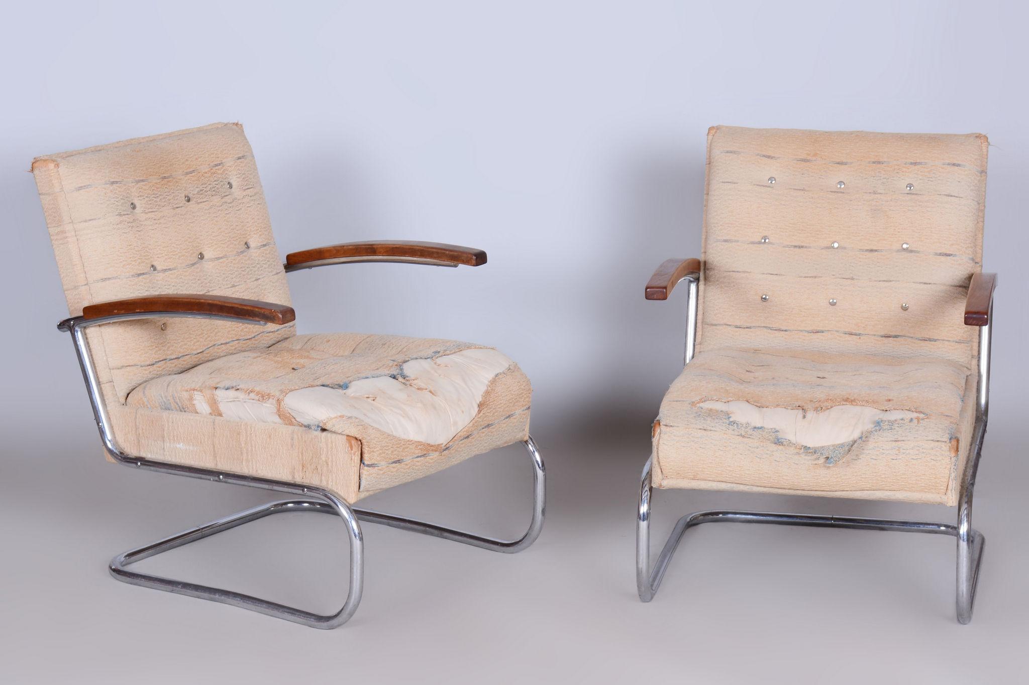 Originales Bauhaus-Sessel- und Hockerpaar, Chrom, Buche, Tschechien, 1920er Jahre im Angebot 5