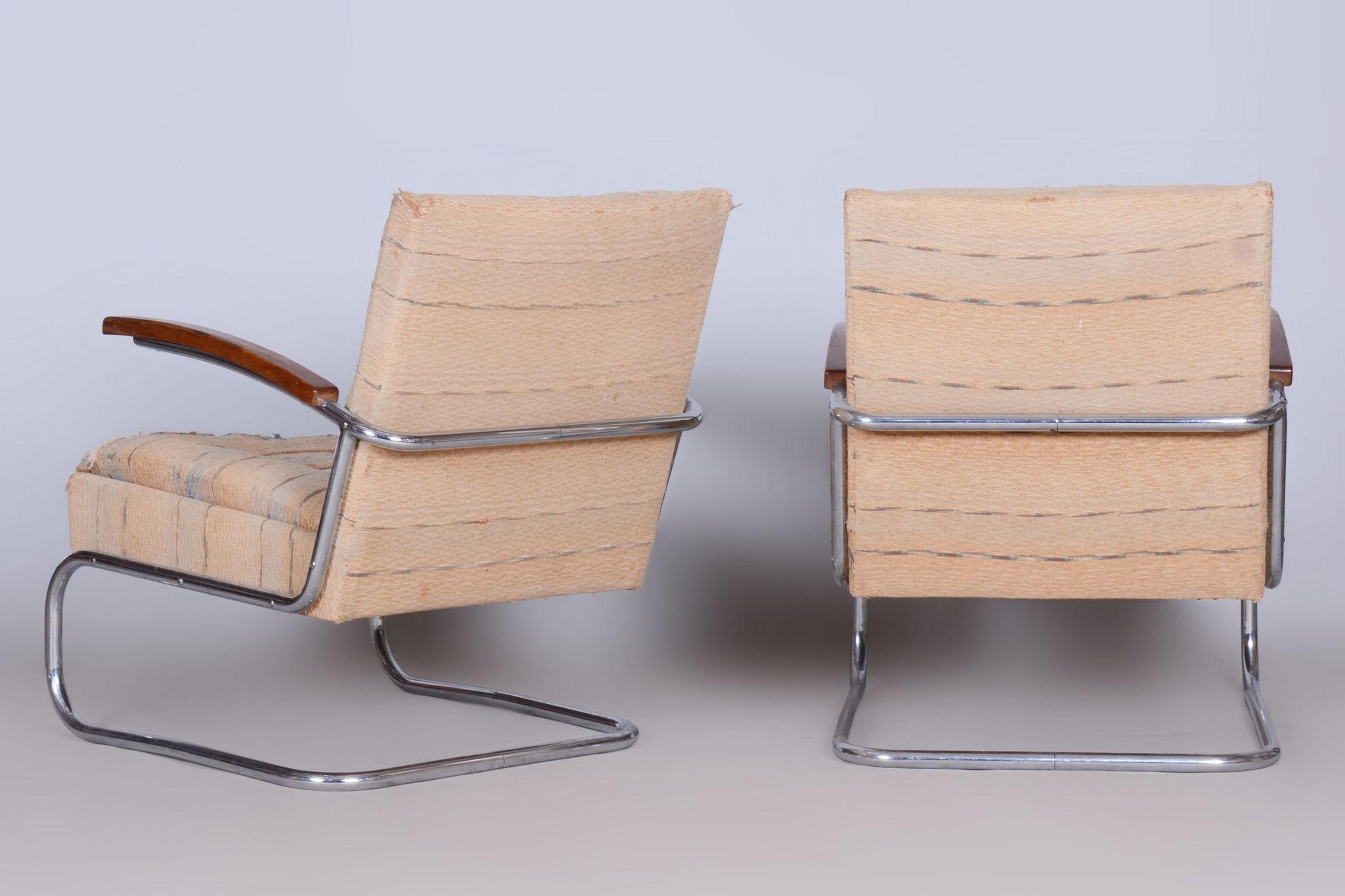 Originales Bauhaus-Sessel- und Hockerpaar, Chrom, Buche, Tschechien, 1920er Jahre im Angebot 3