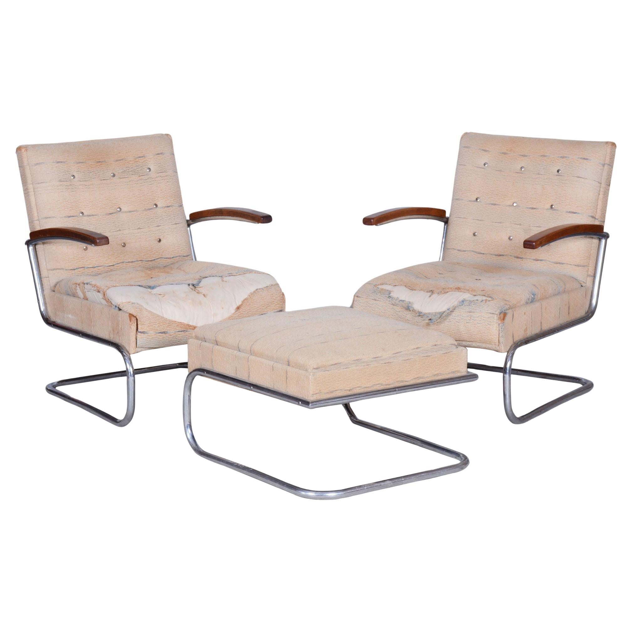 Coppia di poltrone e sgabello Bauhaus originali, cromo, faggio, Cechia, anni '20 in vendita