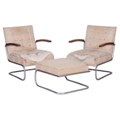Coppia di poltrone e sgabello Bauhaus originali, cromo, faggio, Cechia, anni '20