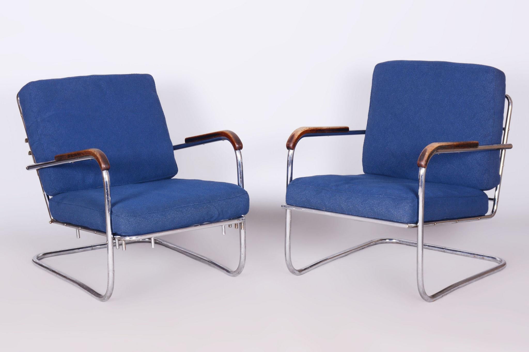 Original Bauhaus Pair of Armchairs, Chrome-Plated Steel, Switzerland, 1930s In Good Condition For Sale In Horomerice, CZ