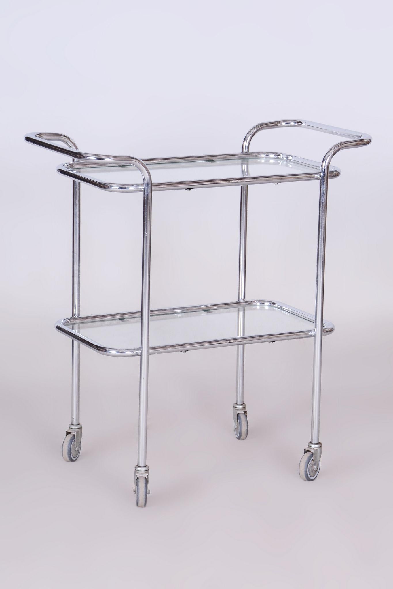 Carrello da portata originale Bauhaus, acciaio cromato, vetro, Germania, anni '40