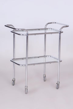 Original Bauhaus Serving Trolley, Chrome-Plated Steel, Glass, Germany, 1940s