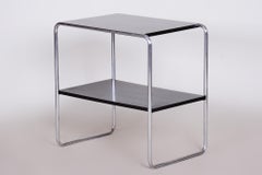 Original Bauhaus Side Table, Oak, Chrome-Plated Steel, Repolished, Czech, 1930s