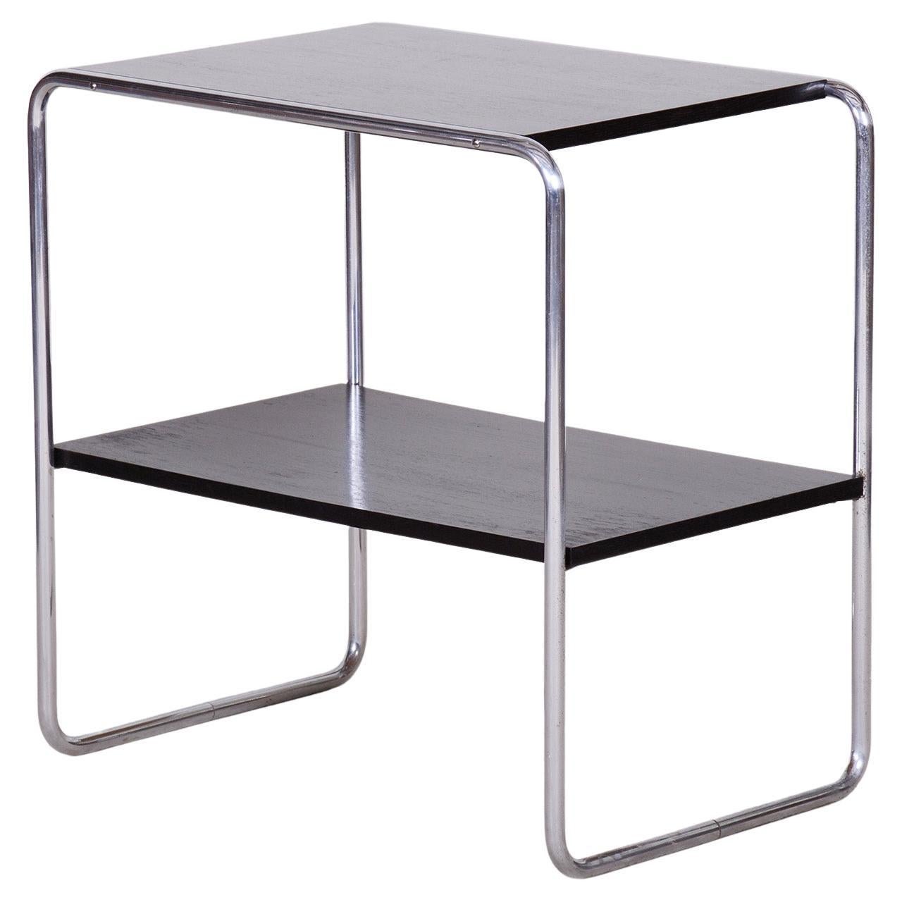 Original Bauhaus Side Table, Oak, Chrome-Plated Steel, Repolished, Czech, 1930s