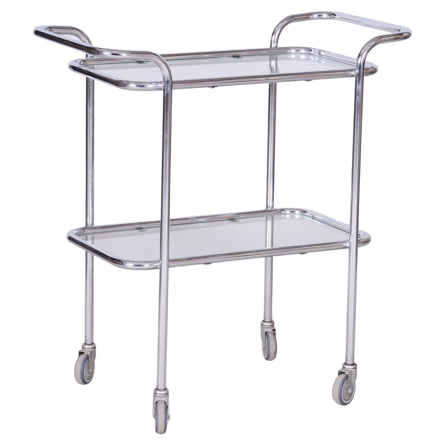 Original Bauhaus Trolley, Chrome-Plated Steel, Glass, Germany, 1940s For Sale