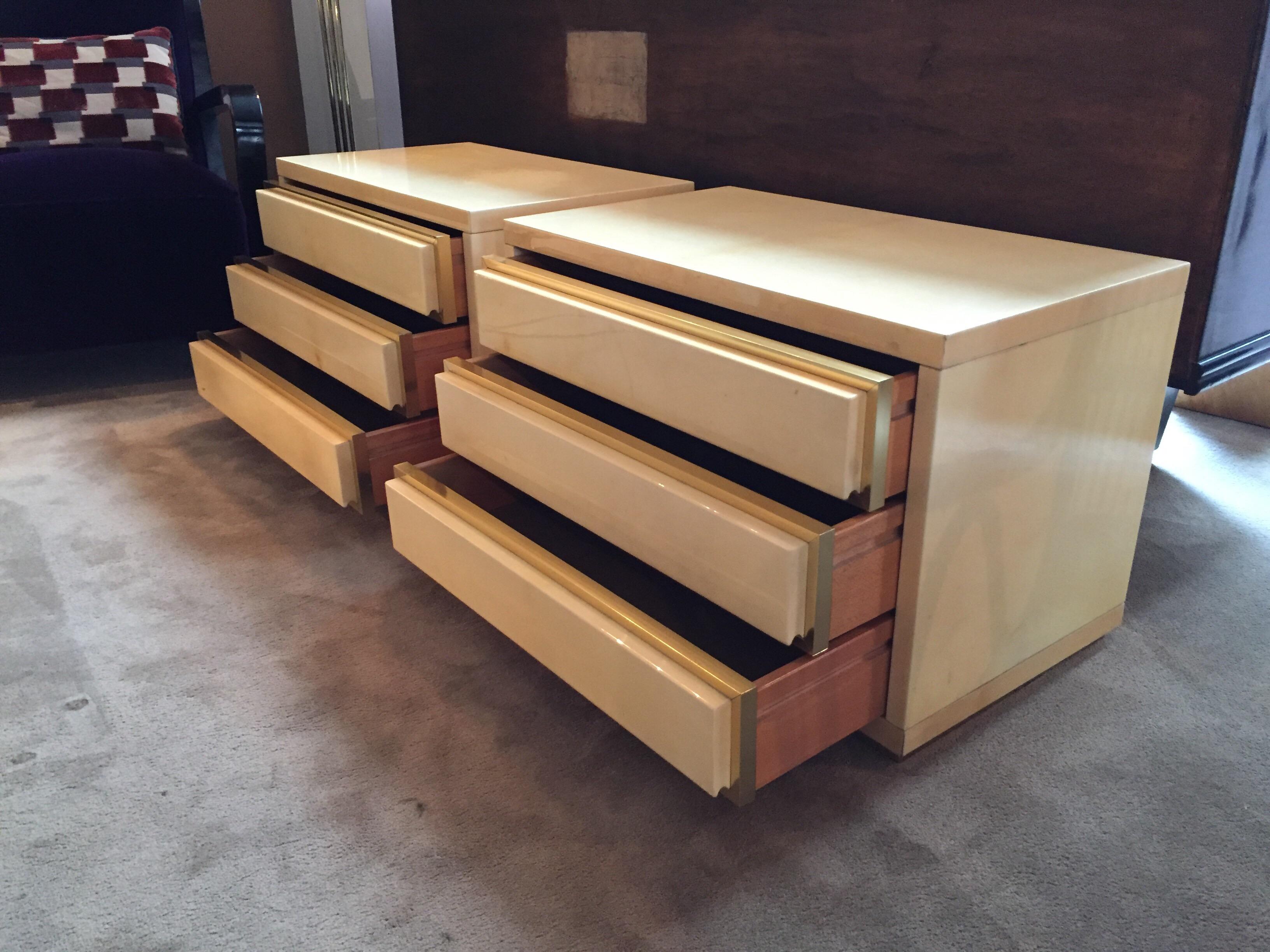 Italian Original Bedside Tables in Parchment and Brass Designed by Aldo Tura, 1960