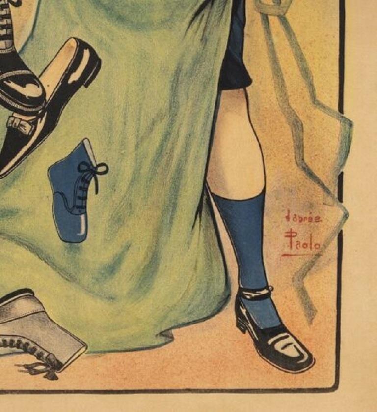 Originalplakat Belle Epoque-Paolo-Fashion-Schuhe mit hohen Heels aus Frankreich, Belle Epoque, 1906

Werbeplakat für ein Schuhgeschäft in Nantes, La halle à la Chaussure. Die Illustration zeigt einen jungen Bräutigam in einer langen Schürze, der
