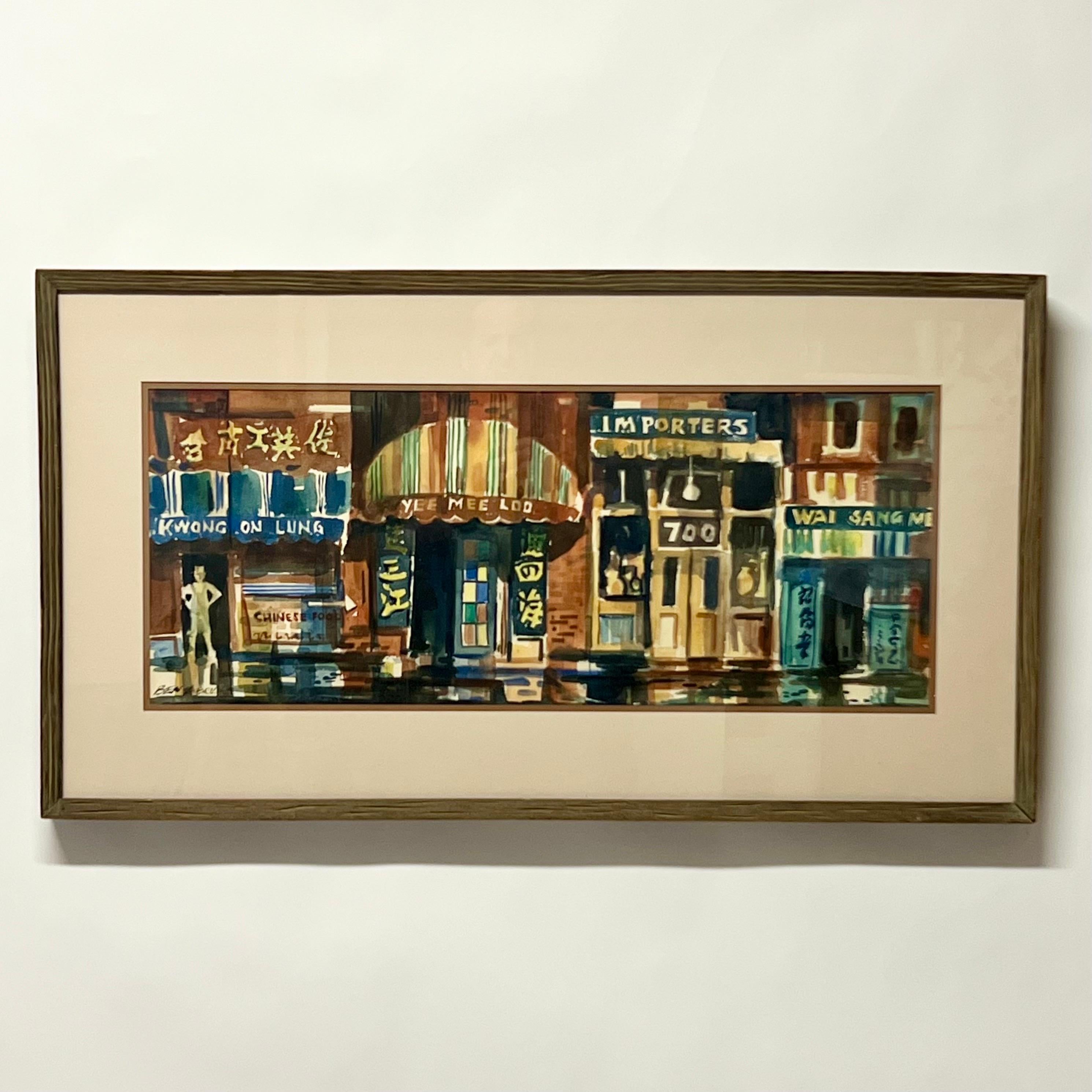Fantastic original watercolor titled ‘Chinatown’ by well listed California artist, Ben Abril c1960s. Original artist frame.
