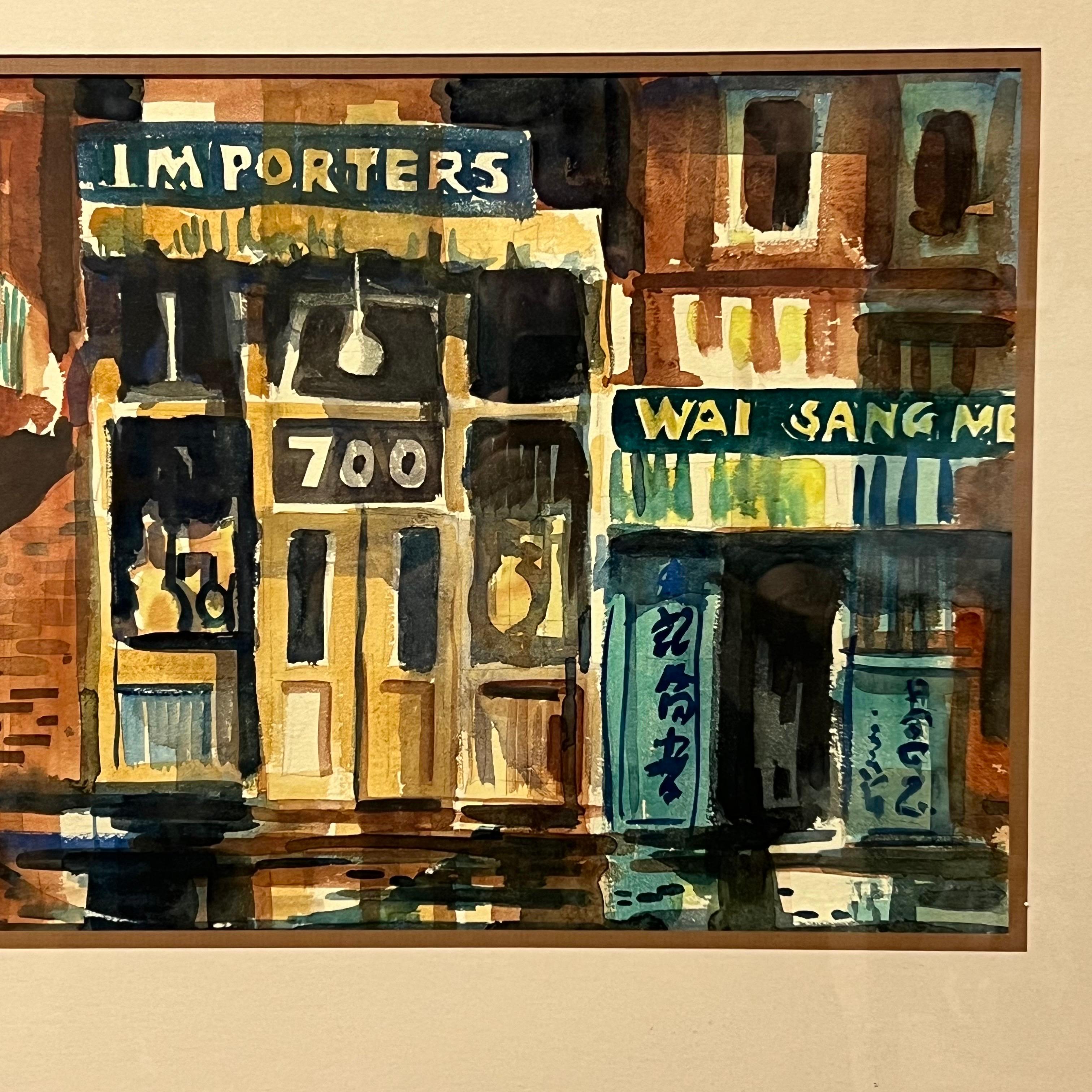 Original Ben Abril ‘China Town’ Watercolor Painting California 1960s In Good Condition For Sale In Oakland, CA