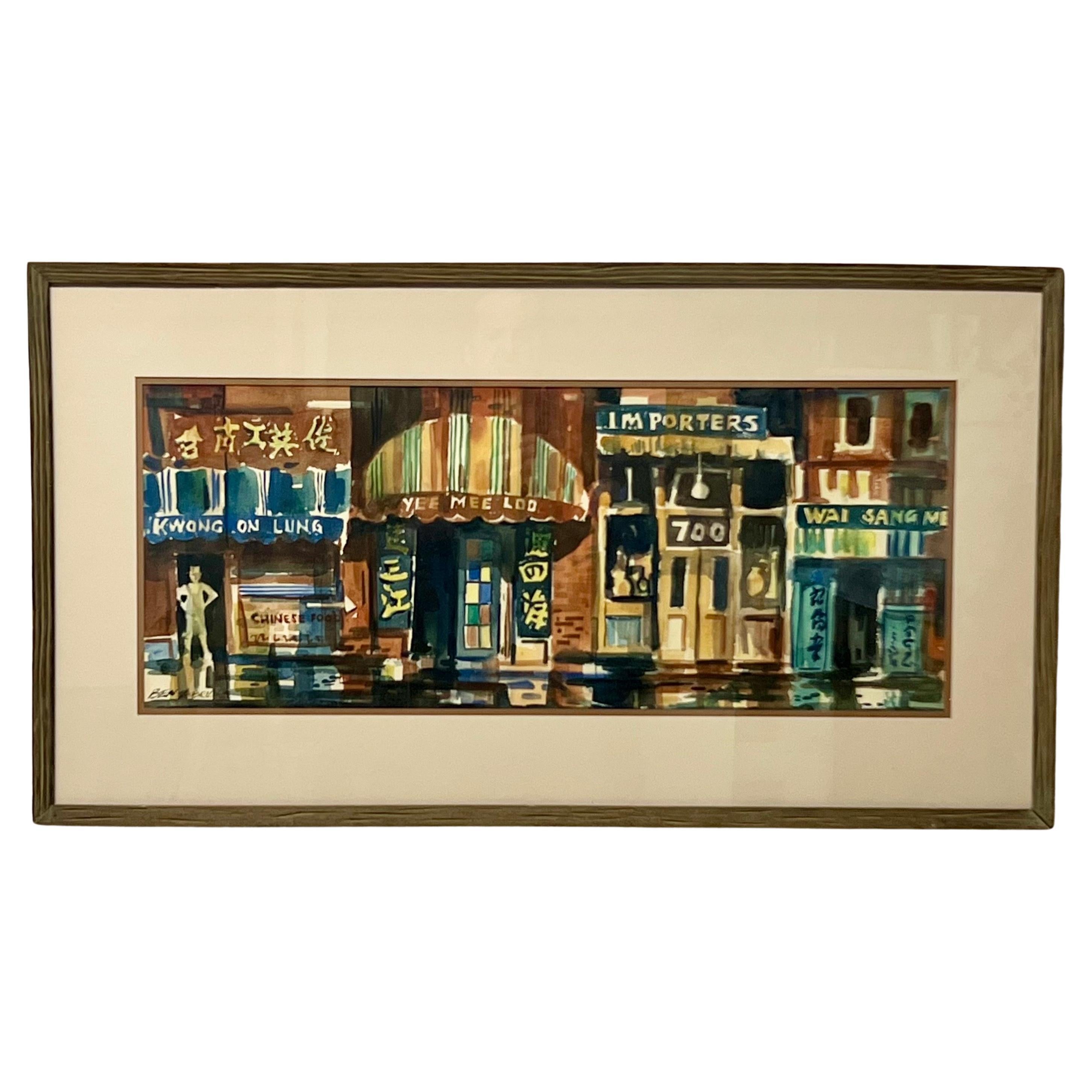 Pittura ad acquerello originale di Ben Abril 'China Townes' California anni '60
