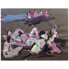 Original Bernard Damiano Midcentury Painting Depicting Nudes at the Beach