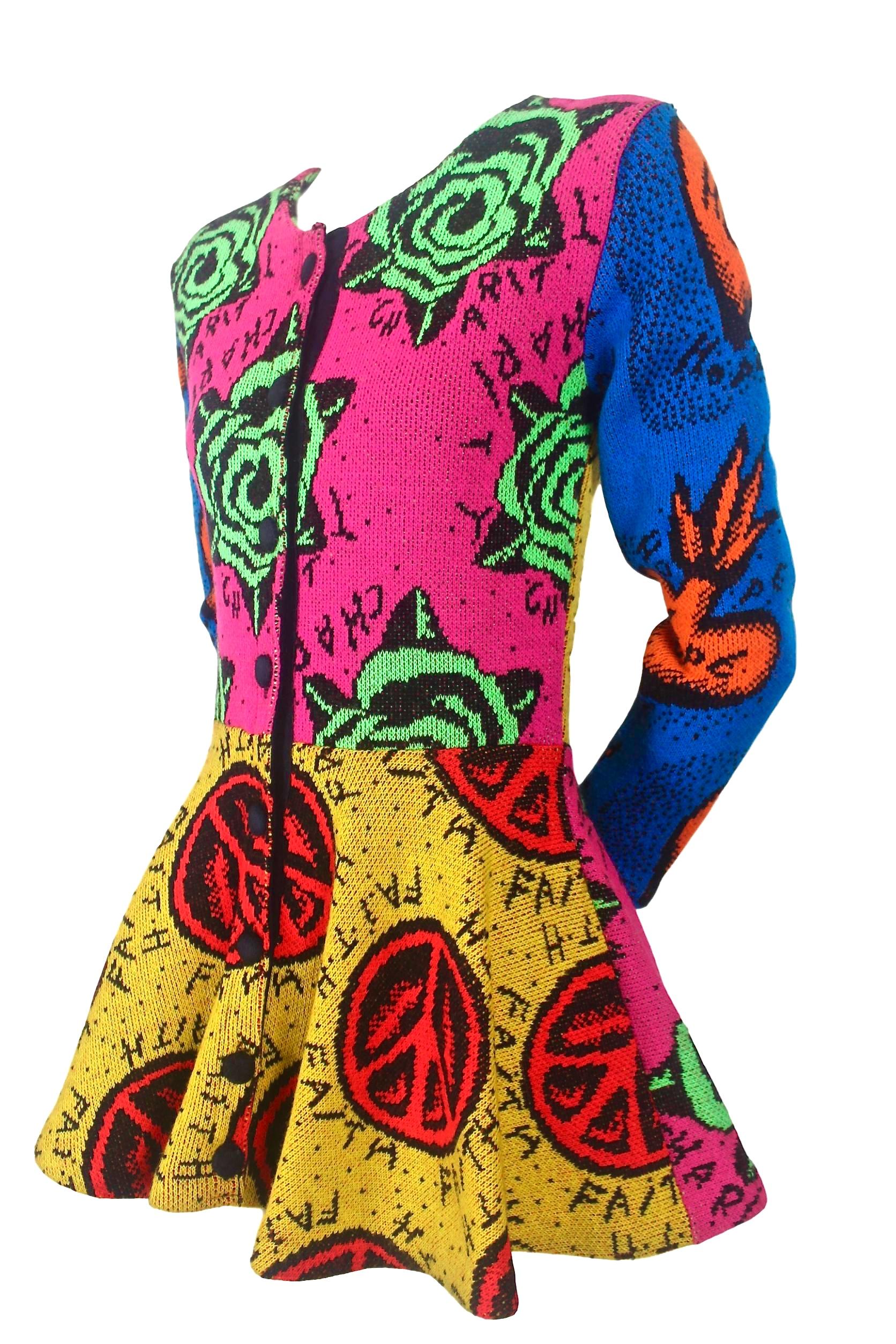 Original Betsey Johnson Colourful Peplum Knit Jacket Faith, Hope and Charity In Good Condition For Sale In Bath, GB