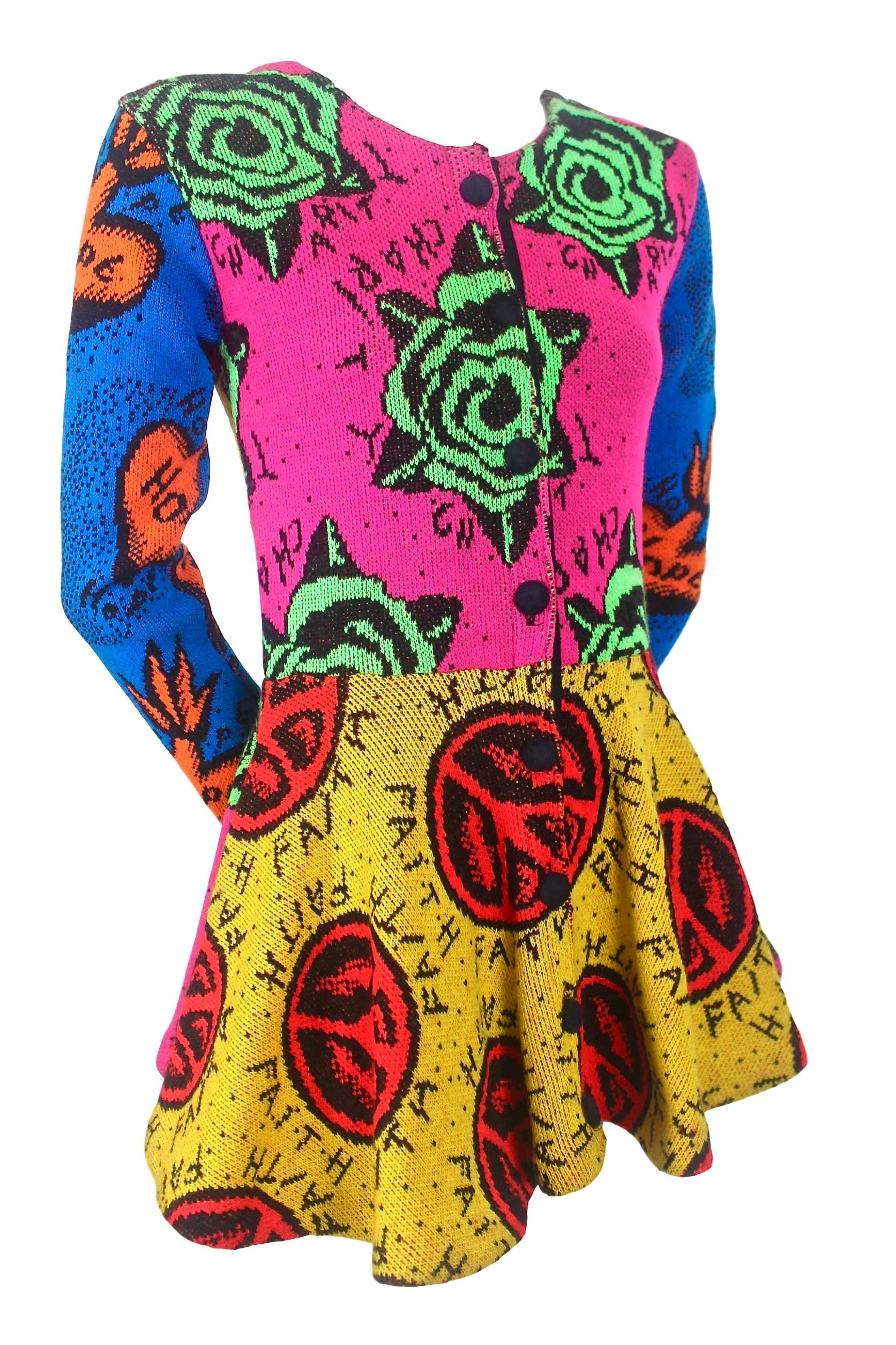 Women's Original Betsey Johnson Colourful Peplum Knit Jacket Faith, Hope and Charity For Sale