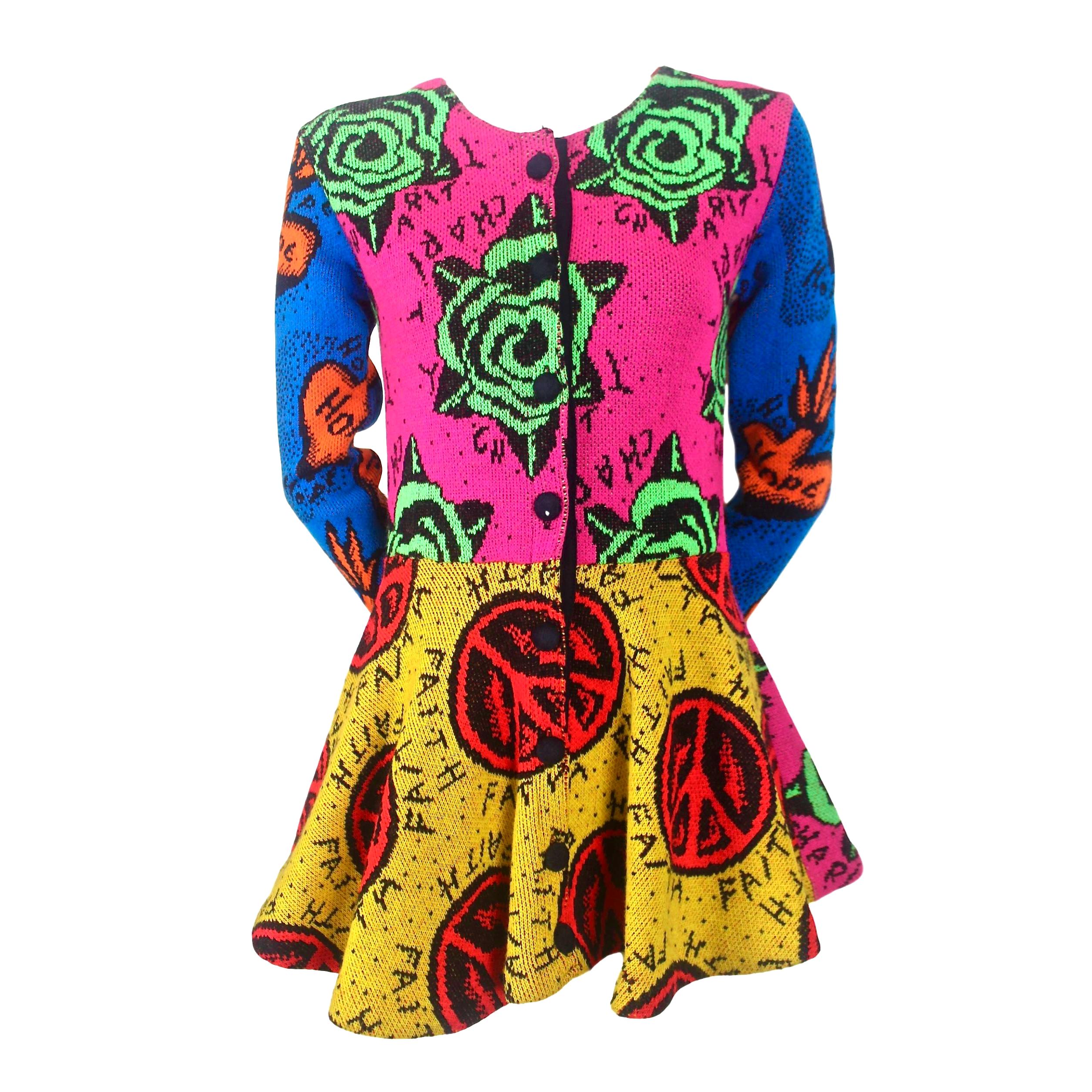 Original Betsey Johnson Colourful Peplum Knit Jacket Faith, Hope and Charity For Sale