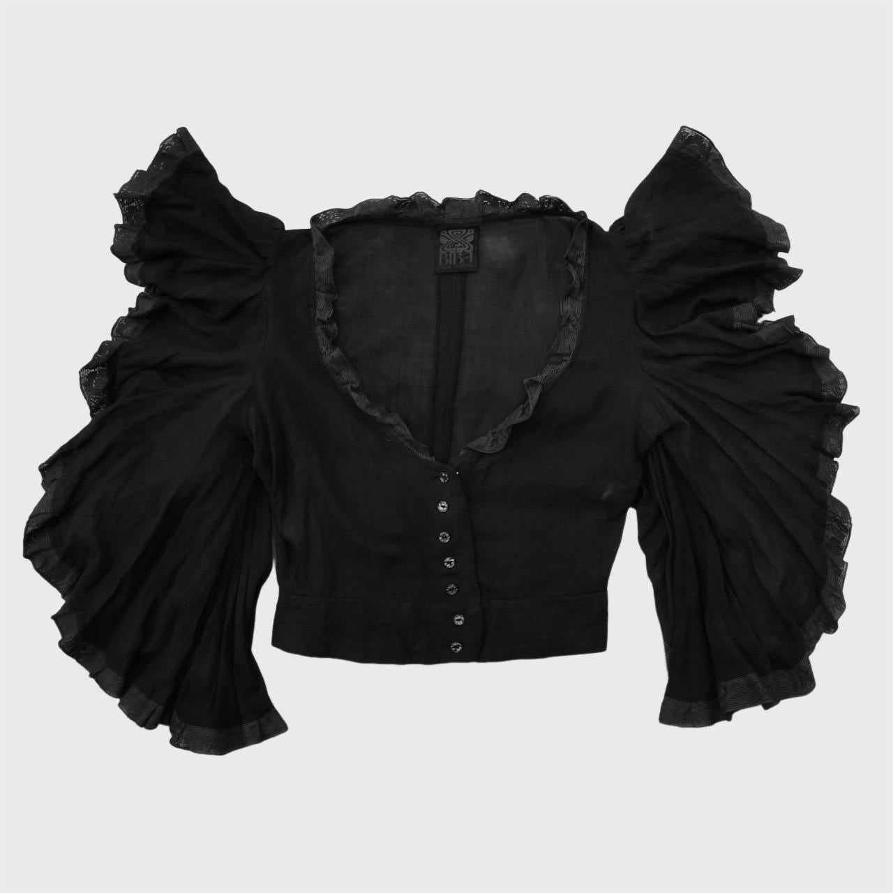 da uomo o donna Top originale BIBA in mussola di cotone nero con maniche svasate e rifiniture in pizzo anni '70 in vendita