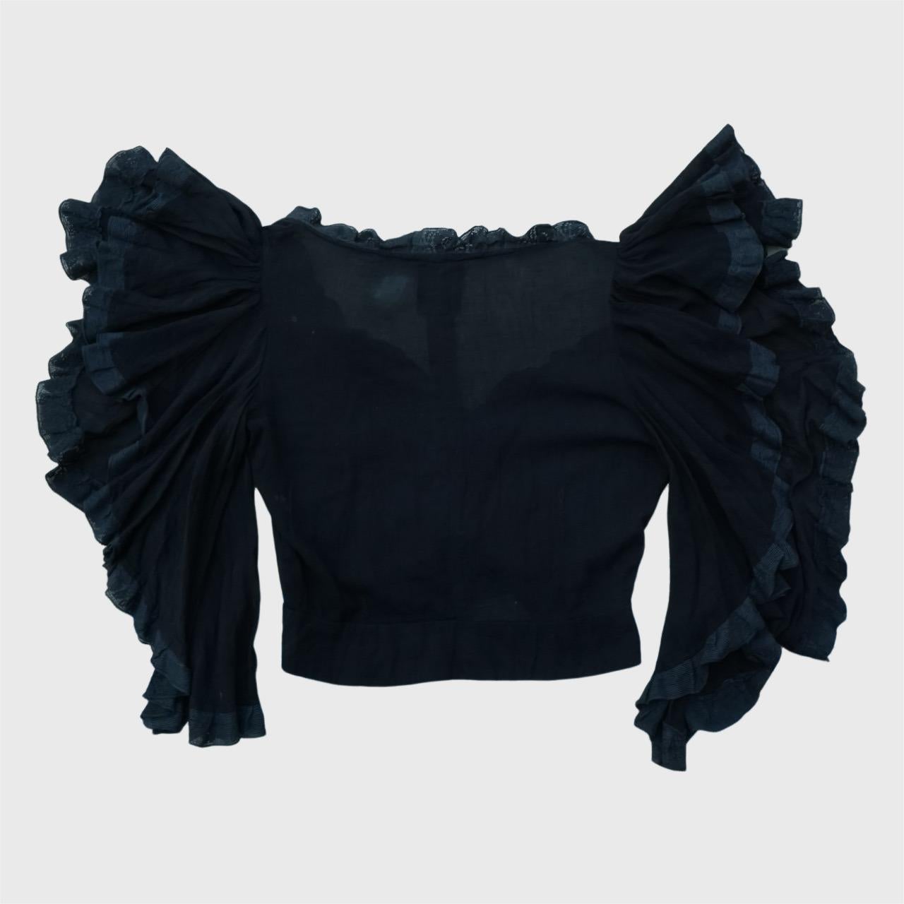 Top originale BIBA in mussola di cotone nero con maniche svasate e rifiniture in pizzo anni '70 in vendita 1