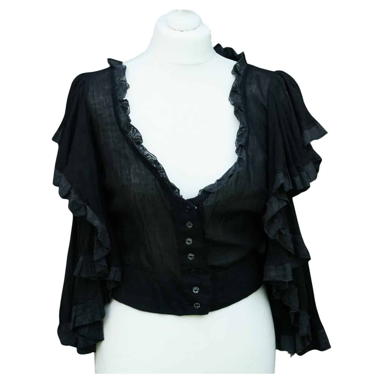 Original BIBA Black Cotton Muslin Top with Flared Sleeves Lace Trimming 1970s