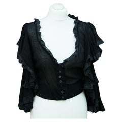 Original BIBA Schwarzes Baumwoll-Musselin-Top mit ausgestellten Ärmeln und Spitzenbesatz 1970er Jahre