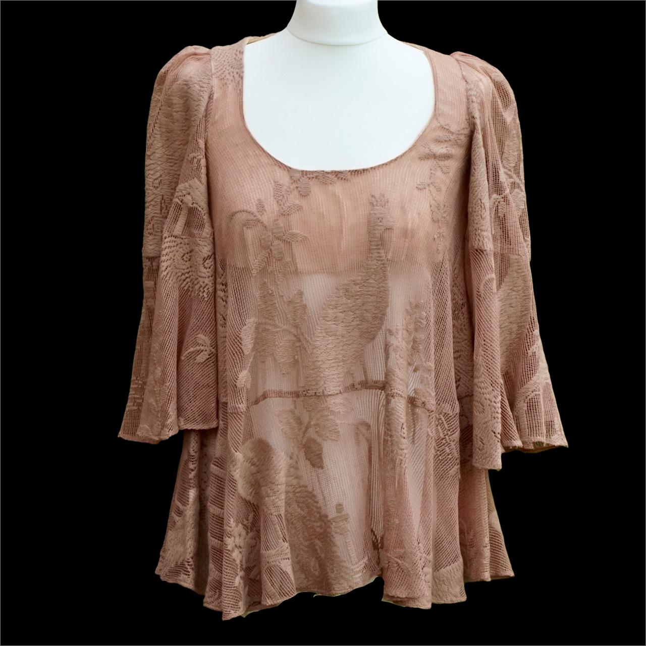 Original BIBA Pinkish Beige Mesh Top with Peacock Embroidery 1970s For Sale 6