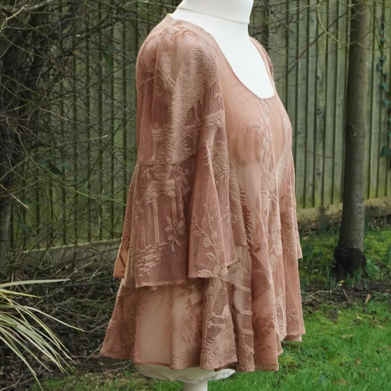 Women's or Men's Original BIBA Pinkish Beige Mesh Top with Peacock Embroidery 1970s For Sale