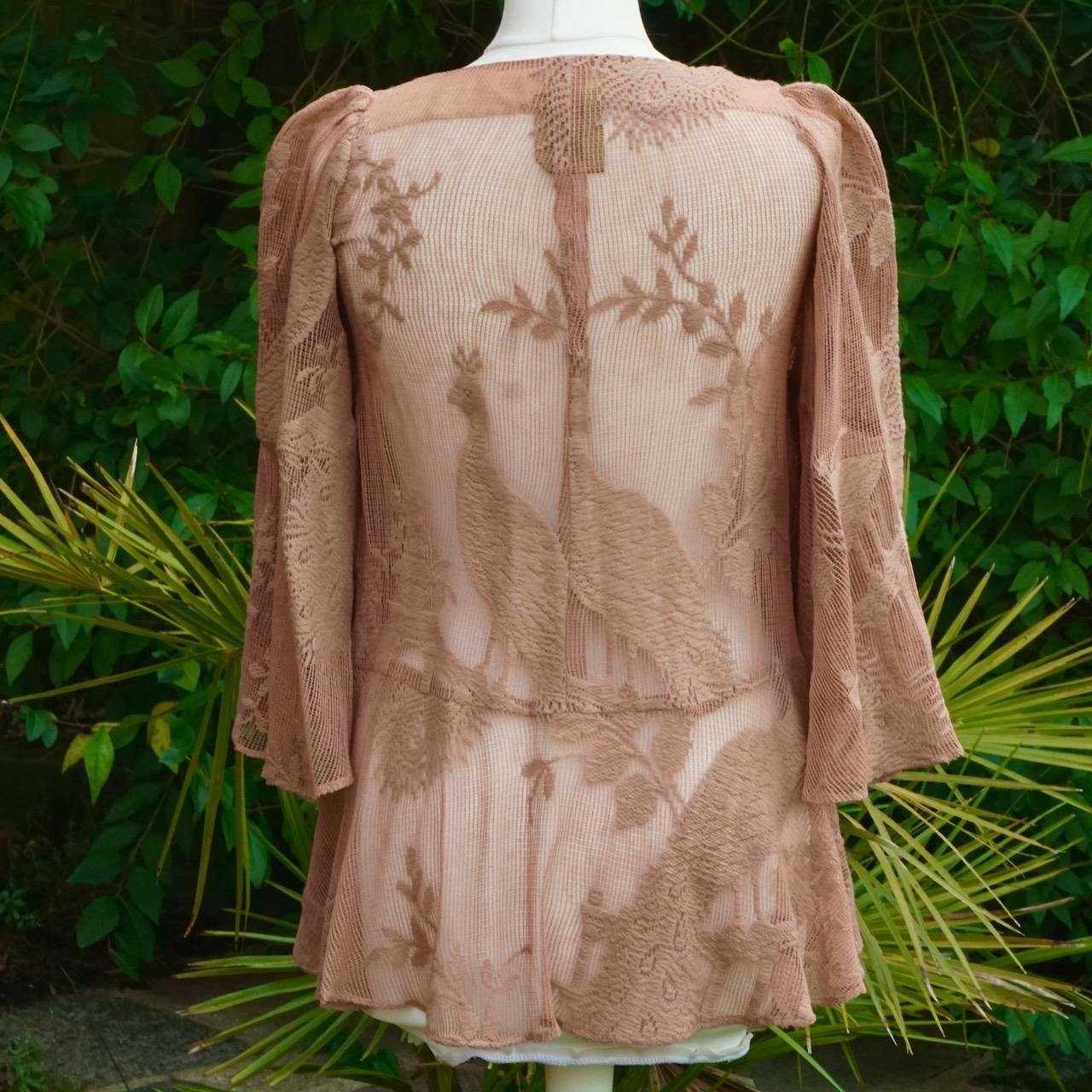 Original BIBA Pinkish Beige Mesh Top with Peacock Embroidery 1970s For Sale 2