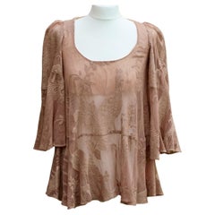 Top a rete originale BIBA rosa-beige con ricamo di pavone anni '70