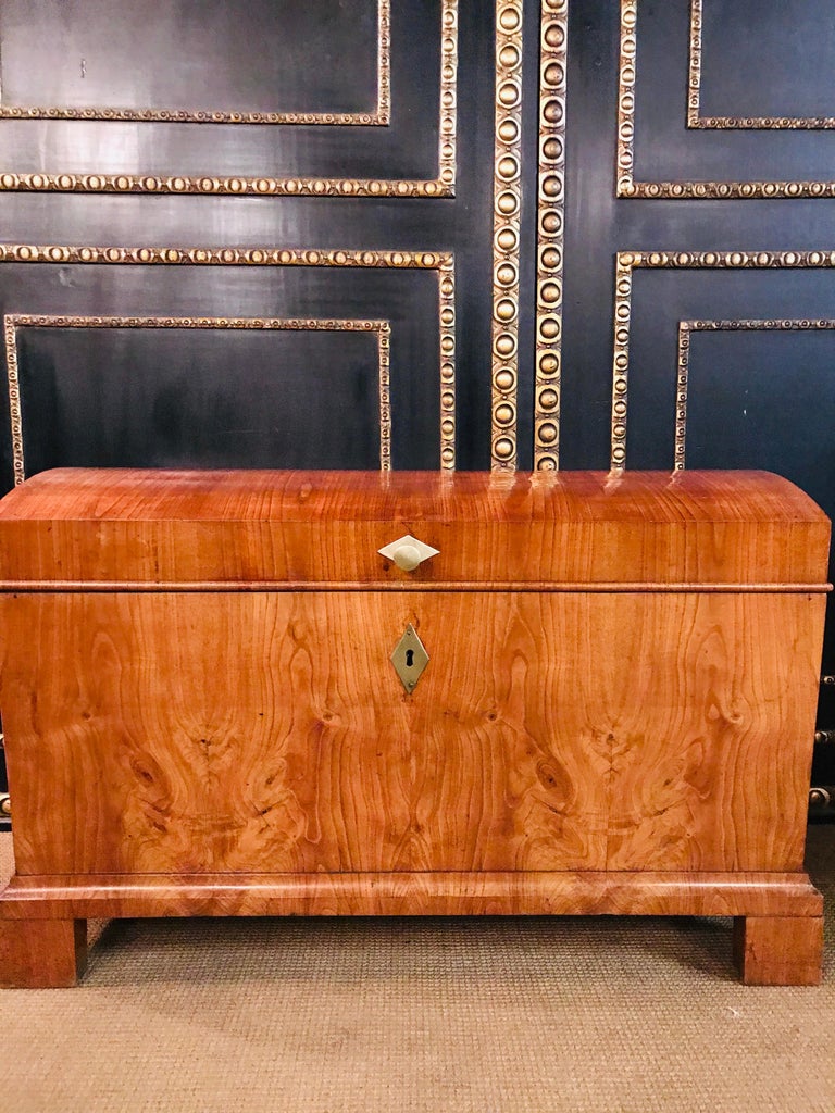 Original Biedermeier Chest with metal fittings on the sides.

Ash veneer with hand polishing.
Early Biedermeier, circa 1820

Dimensions in cm approximate:
Height:72 cm
Length:114 cm
Depth:50 cm.

Condition: Good condition, hand-polished with shellac.